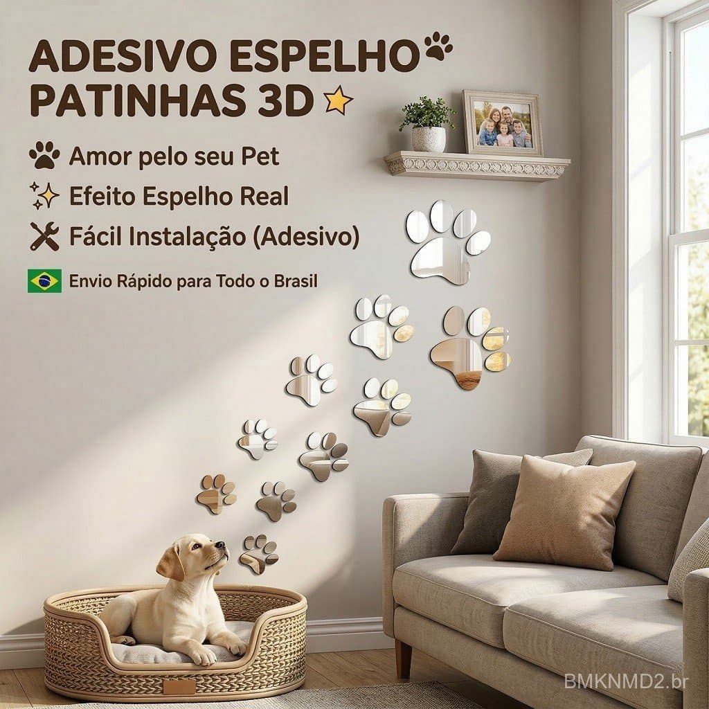 Adesivo De Parede Espelho 3D Patinhas Cachorro Gato Acrílico Decoração Pet Kit
