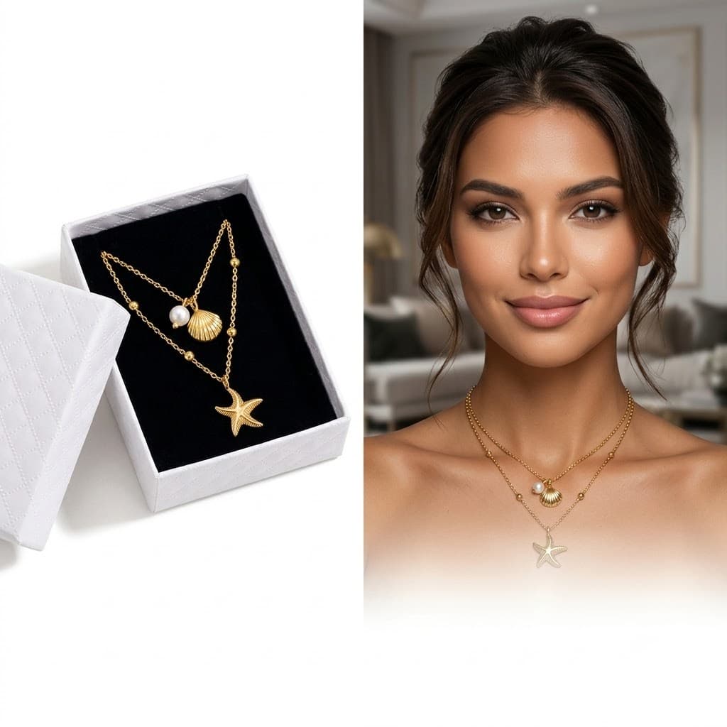 Colar Duplo Concha Estrela e Perola em Aço Inoxidável Não Escurece Feminino Banhado Ouro 18K+ Caixa para  Alta Qualidade
