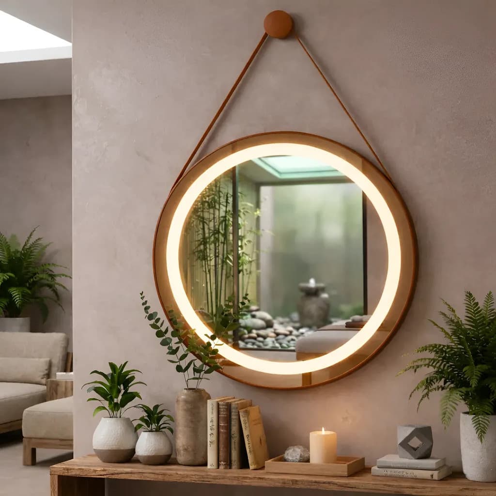 Espelho Adnet Grande 70cm Jateado com Moldura Couro Decorativo Redondo para Sala e Banheiro com Alça e Pino