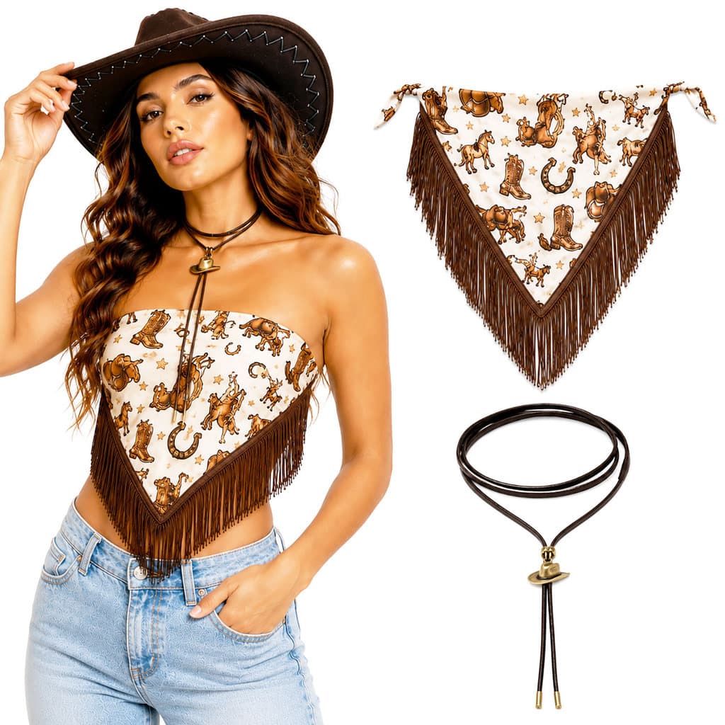 Kit Country Feminino Lenço Triangular com Franjas Estampa Sortida + Colar Choker Rodeio Show Sertanejo