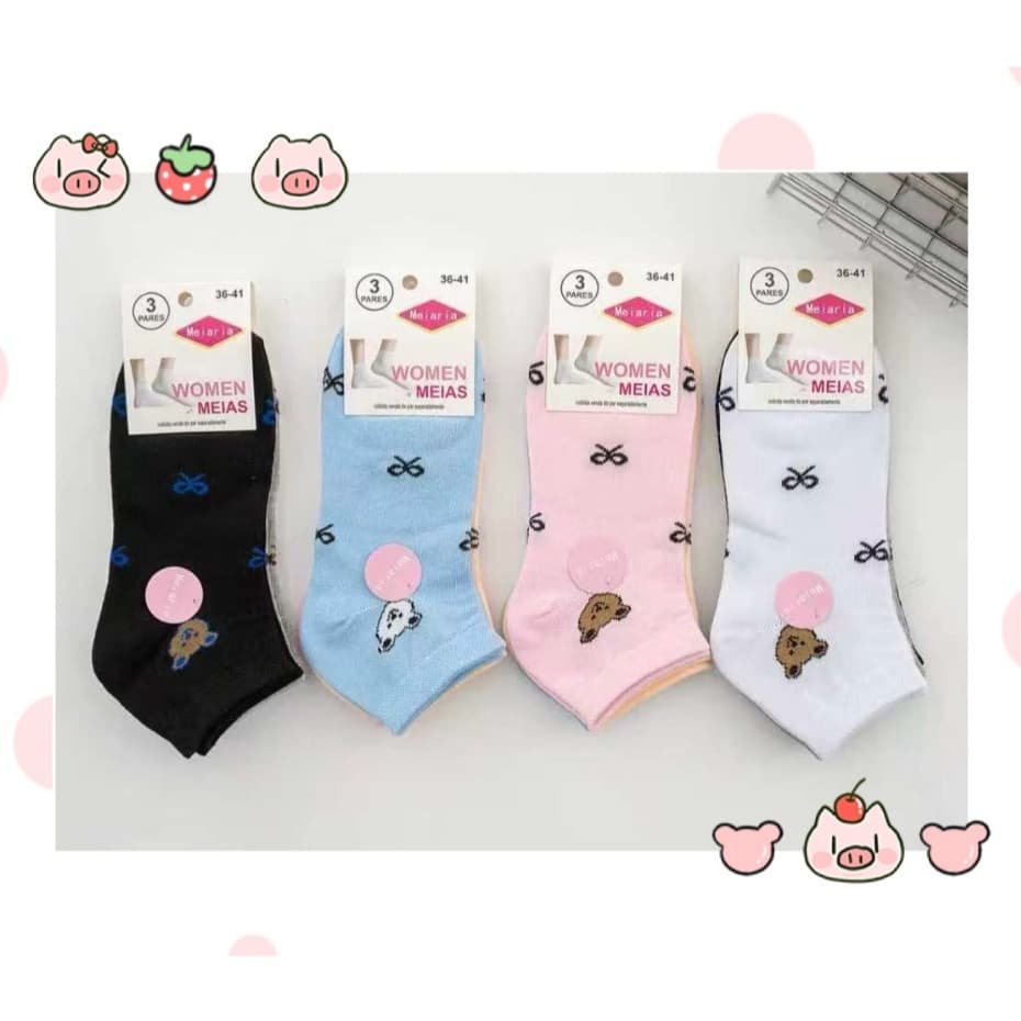 Kit 3/6/9 e 12 Pares Meias Feminina Soquete Cores Fofas 35 ao 40 com desenho