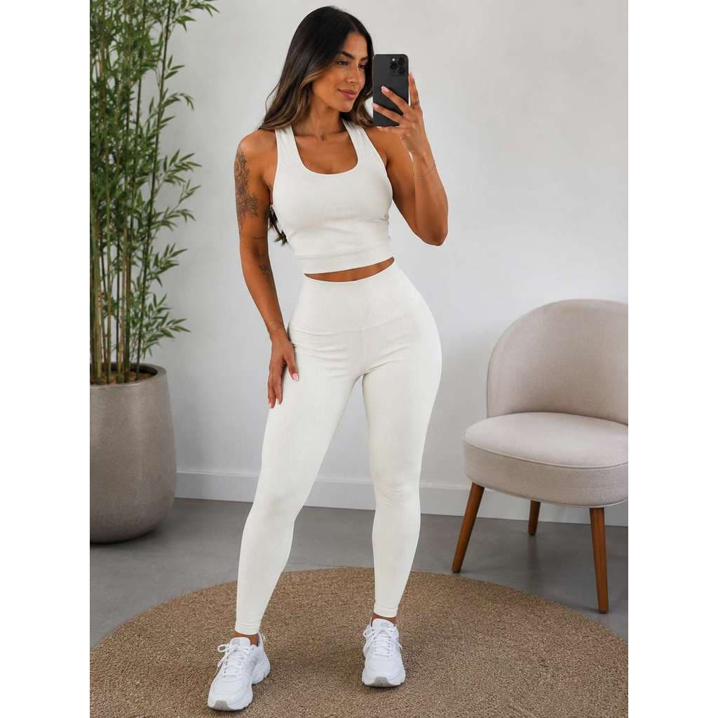 Conjunto Fitness Feminino Canelado Top com Bojo + Calça Legging Cintura Alta Compressão Academia Yoga