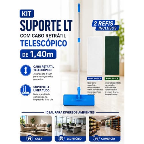 Kit Suporte Lt Limpa Tudo Cabo Alumínio Retrátil Telescópico Mop Fibra Uso Geral Branca Limpeza Leve