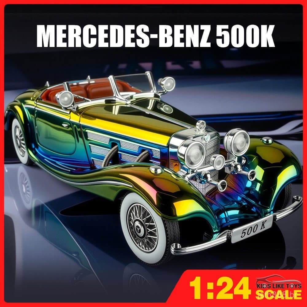 2025KLT 1:24 Mercedes-Benz 500K Chrome Edition, Modelo de Carro em Liga Metálica, Coleção de Brinquedos, Presente para C
