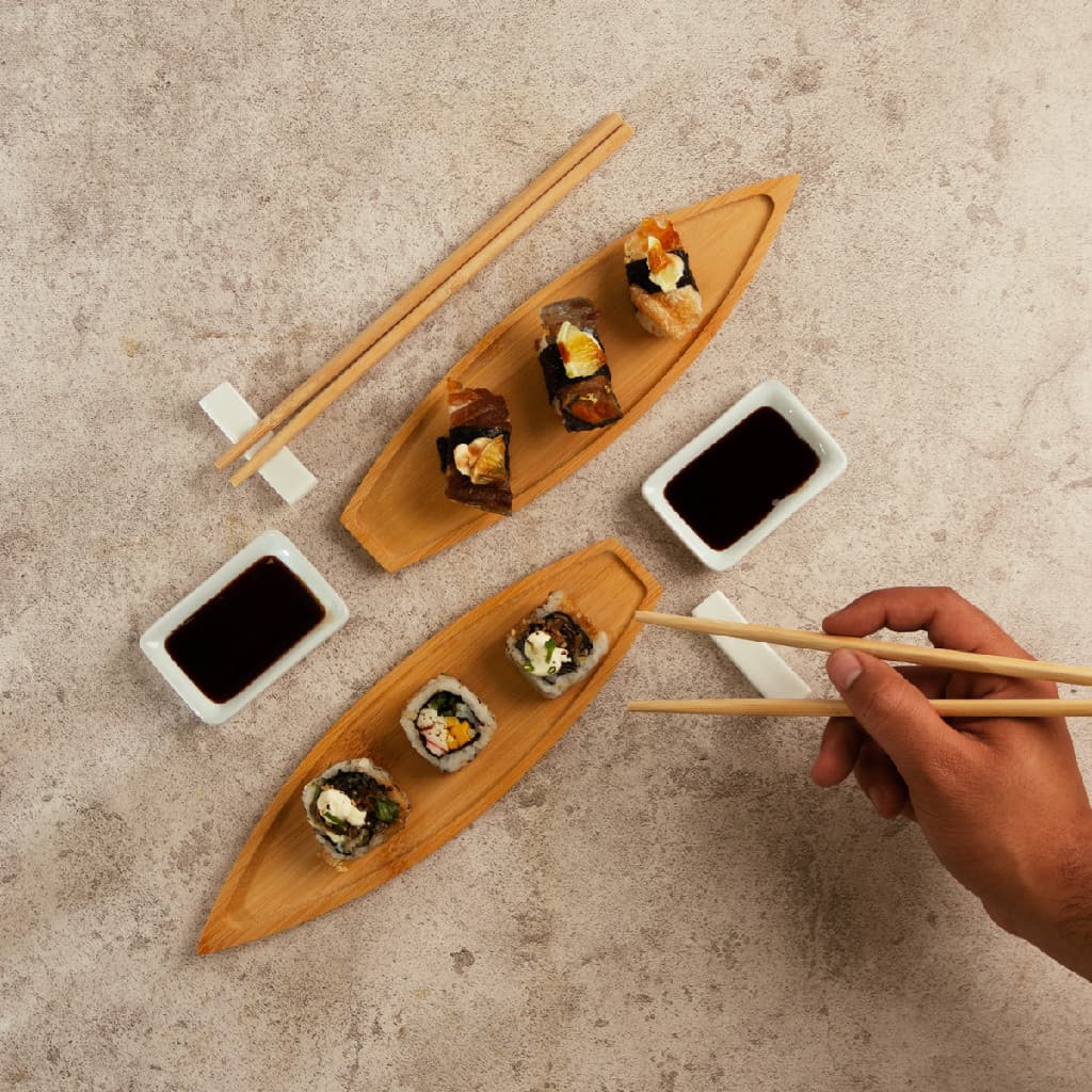 Jogo Lyor 8 Peças para Sushi de Bambu Nagasaki Conjunto Completo Sashimi em Casa Shoyu Pegador Requintado Chique Luxo