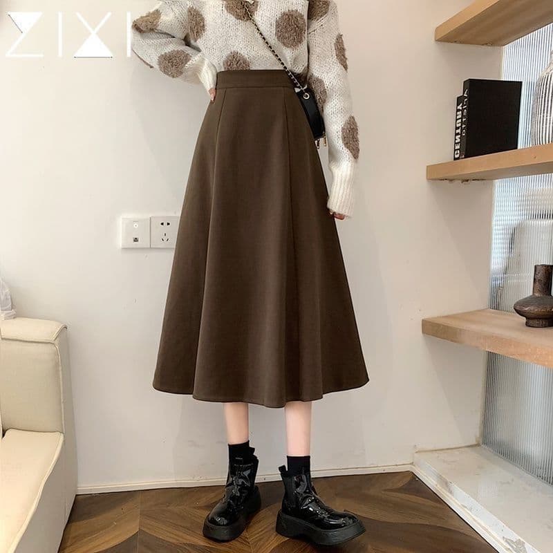 Saia de lã feminina de comprimento médio saia alta evasê saia guarda-chuva solta saia grande Swing?