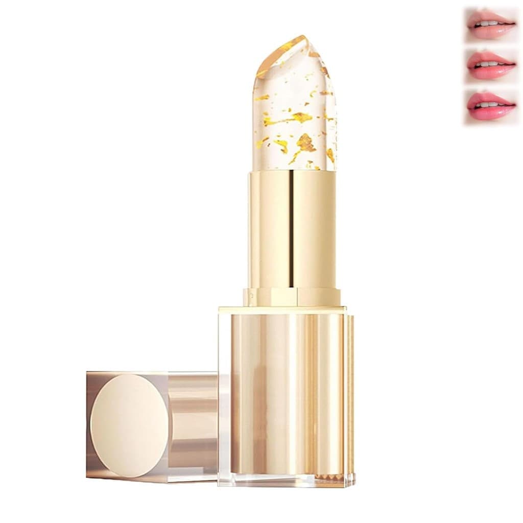 Batom que muda de cor, não transfere para o copo, batom de cristal dourado que muda de cor, batom transparente que muda