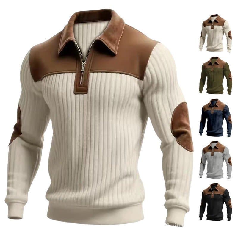Nova Camisa Polo Masculina Casual de Manga Longa com Gola Reversível, em Veludo Listrado com Blocos de Cor, para Primave