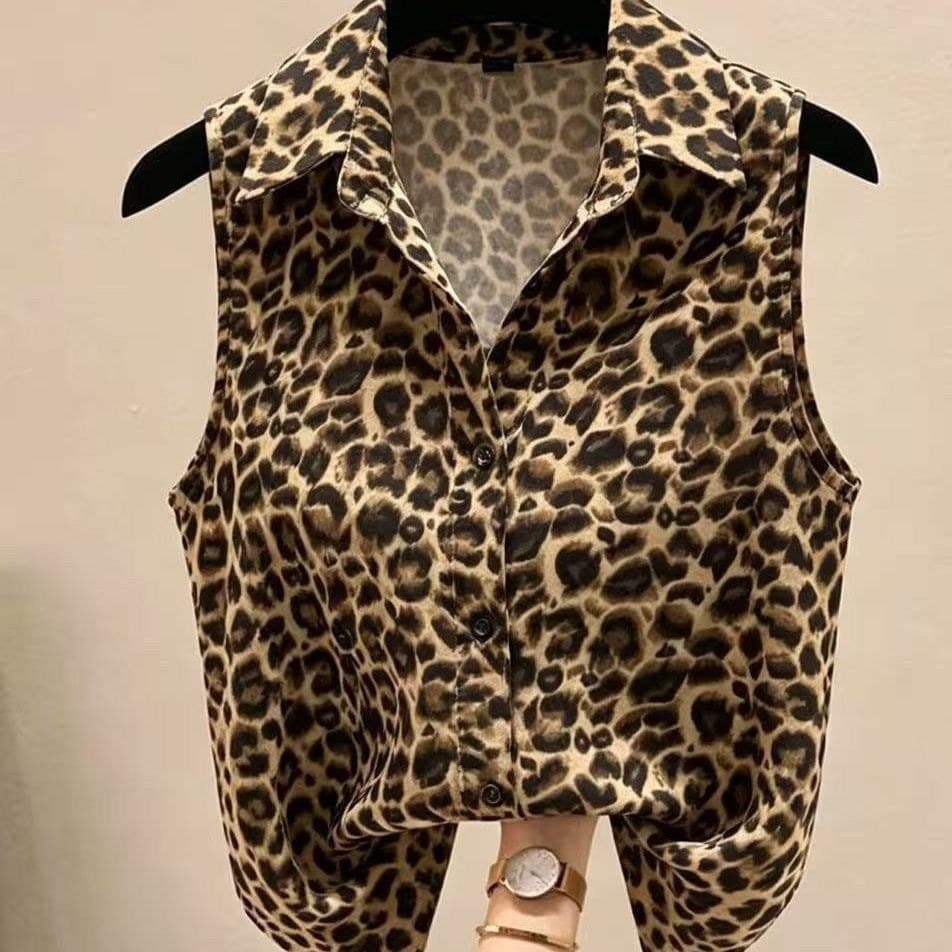 Camisa colete sem mangas feminina 2026 primavera camisa simples exterior usar Base interna leopardo impressão topo#现货无袖背
