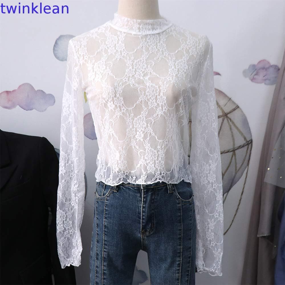 Blusa De Fundo De Renda TWINKLEAN , Malha De Manga Comprida Com Bordado Floral , Praia De Gola Meia Alta Fina Oca