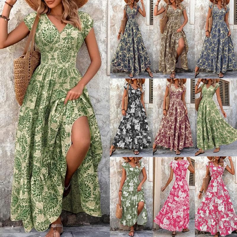 2026 Retro Impresso Vestido Moda Elegante Com Decote Em V Manga Curta Vestido Longo de Uma Peça Roupas Femininas