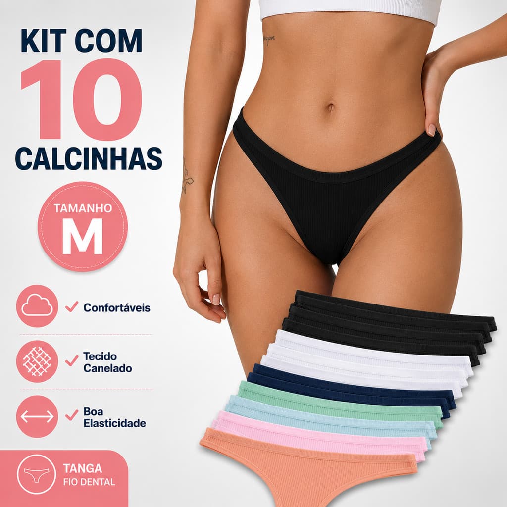 Kit 10 Calcinhas Femininas Tanga Tamanho M Algodão Canelado Confortáveis Cores Sortidas