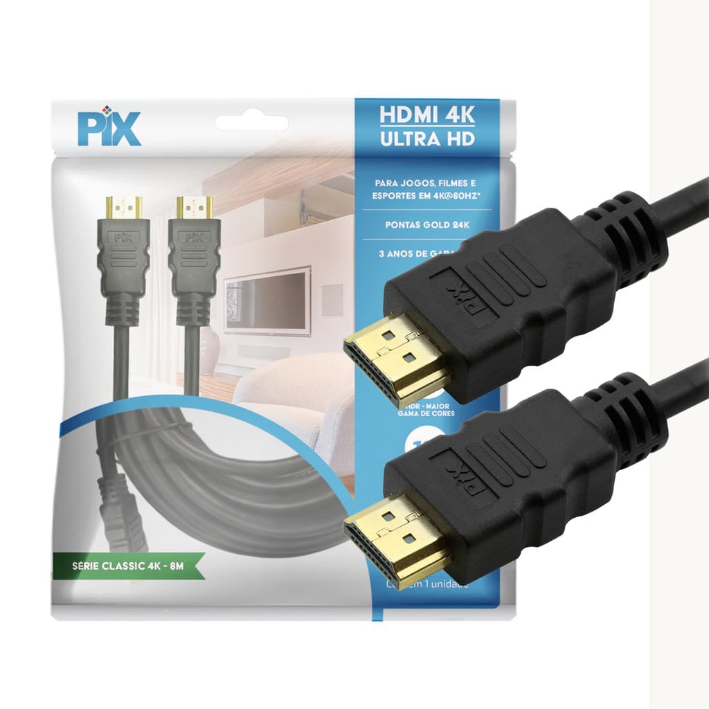 Cabo HDMI 2.0 8 metros 4K 60Hz HDR 18Gbps Gold PIX