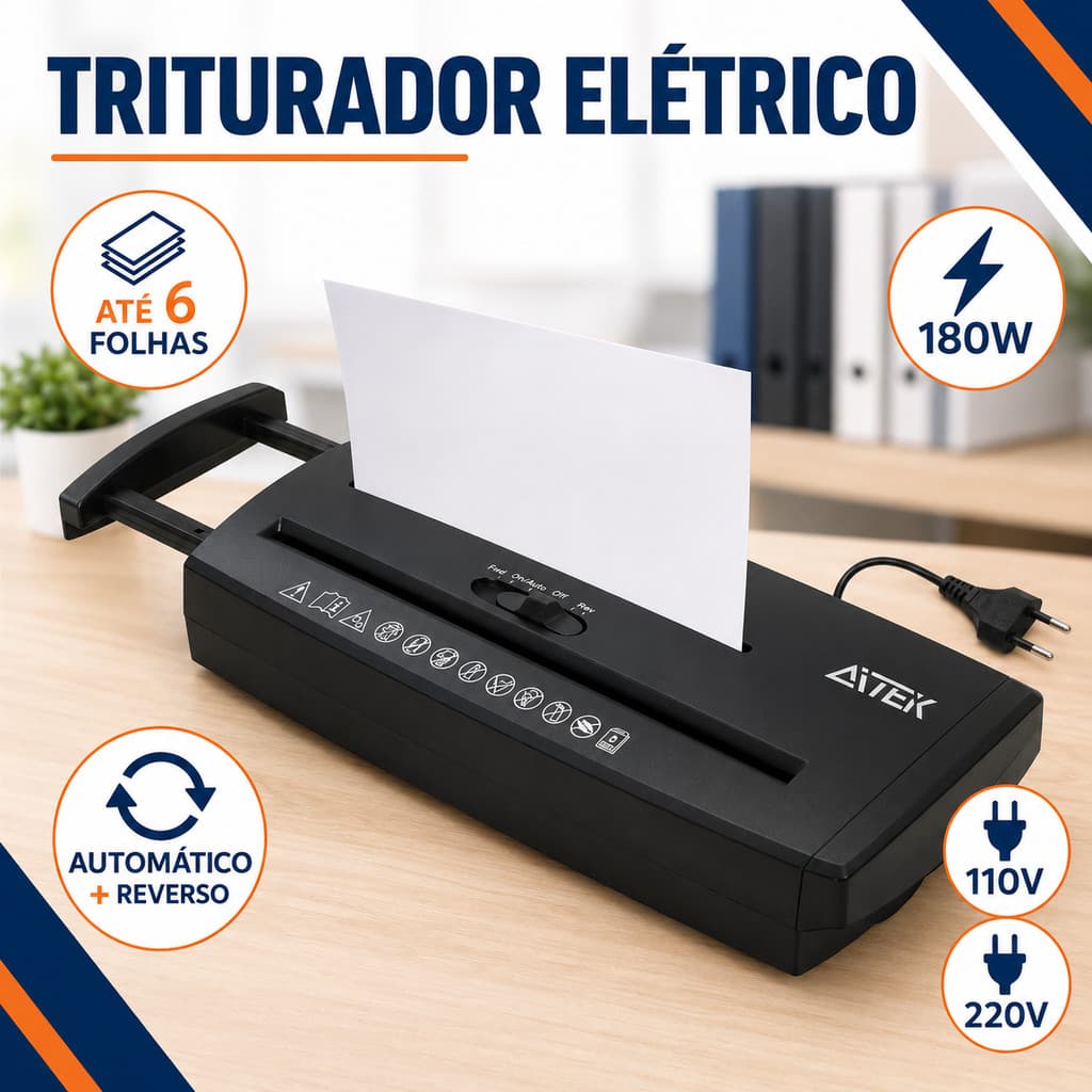 Triturador Fragmentadora de Papel Aitek 6 Folhas A4 Automática 180W 127V ou 220V
