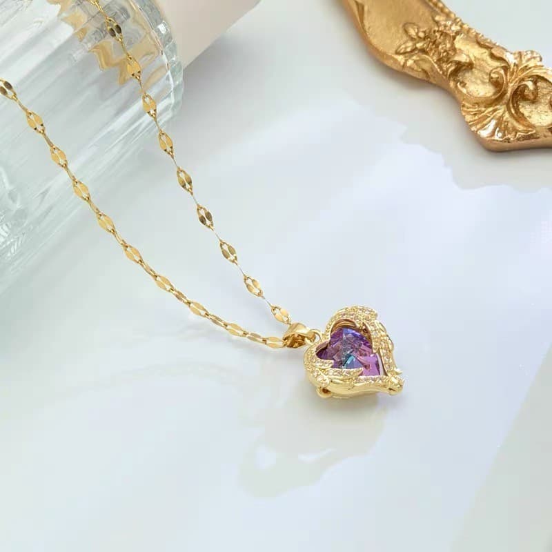 Roxo/Azul Cristal Oceano Em Forma de Coração Colar Amor Pingente Titânio Aço Não-Desvanecimento Colar Moda Feminina
