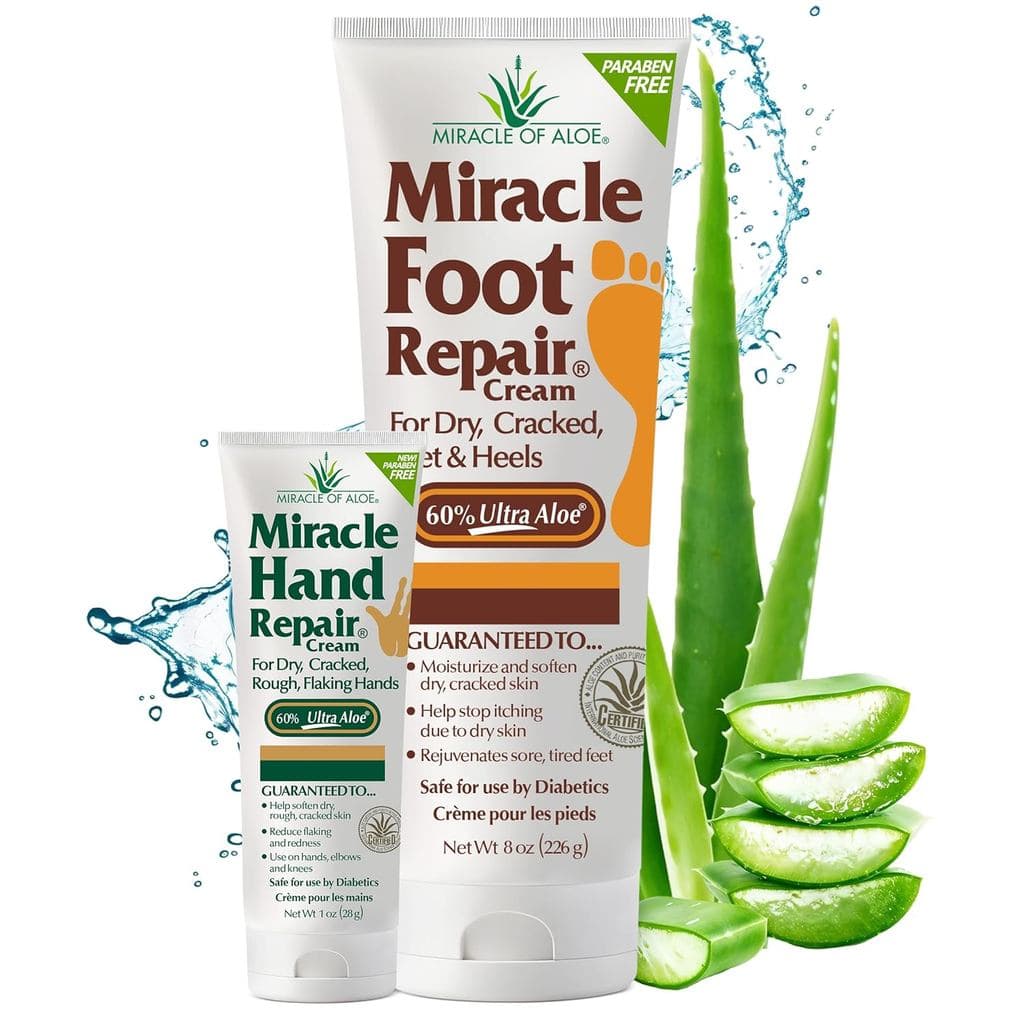 Creme Reparador Miracle para Pés, 8 oz + 1 oz Miracle para Mãos, Loções Curativas de Aloe Vera para Mãos e Pés Secos e R