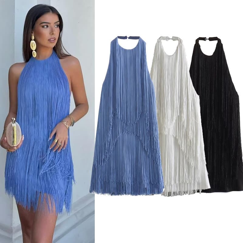 Temperamento de verão moda Halter pescoço sem mangas saia com franjas