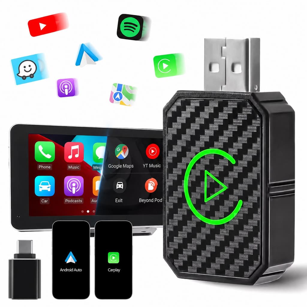 Receptor CarPlay e Android Auto Sem Fio USB Bluetooth WiFi para Carro Plug and Play
