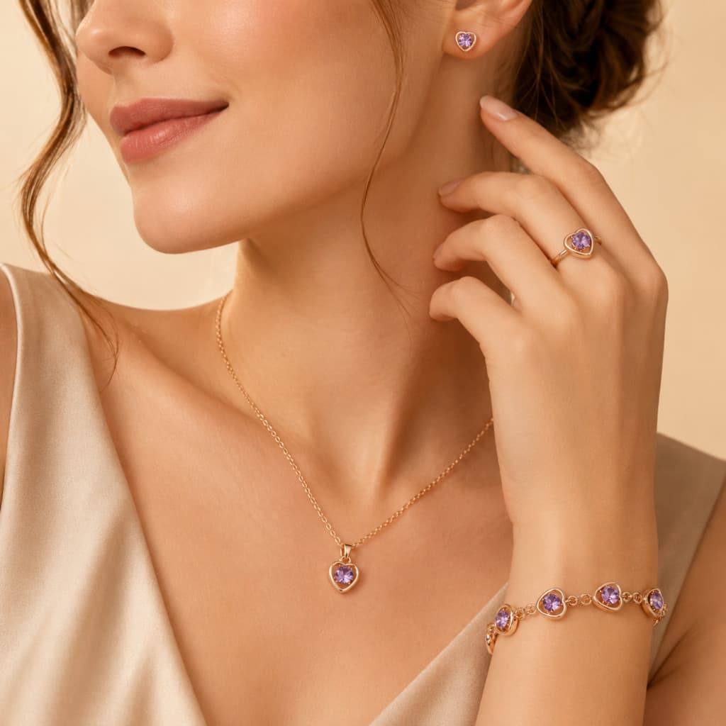 Conjunto De Joias De Coração Europeu 4 Peças Colar Oco Brincos Pulseira De Anel Para Mulheres