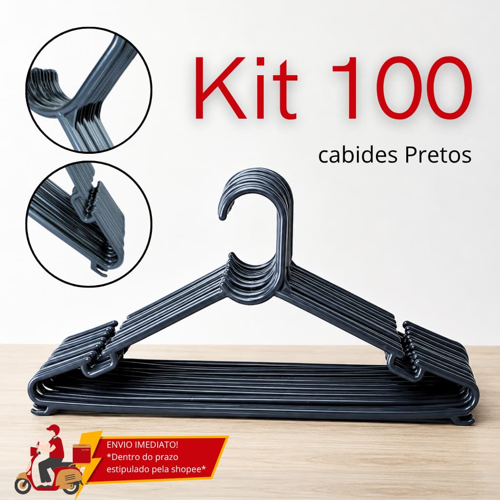 Kit 100 Cabides Reforçado Preto Adulto Roupas Pesadas