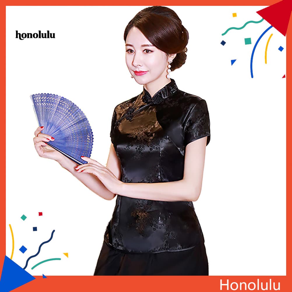 Hon * Blusa Feminina Chinesa Flor De Ameixa Manga Curta Gola Botões Fina