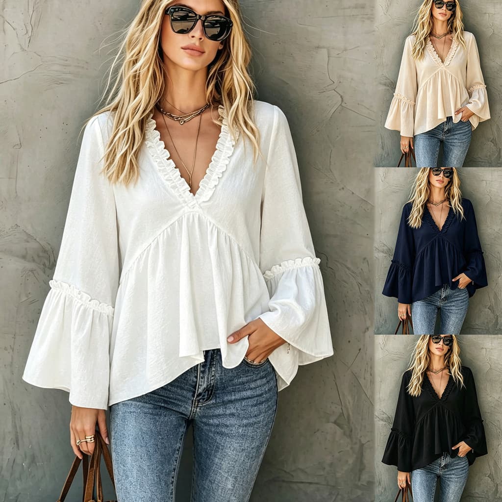 Blusa Feminina Com Decote Em V Renda Guarnição Manga Flare Sino Ajuste Solto Borda Recortada Babado Manguito Estilo Fran
