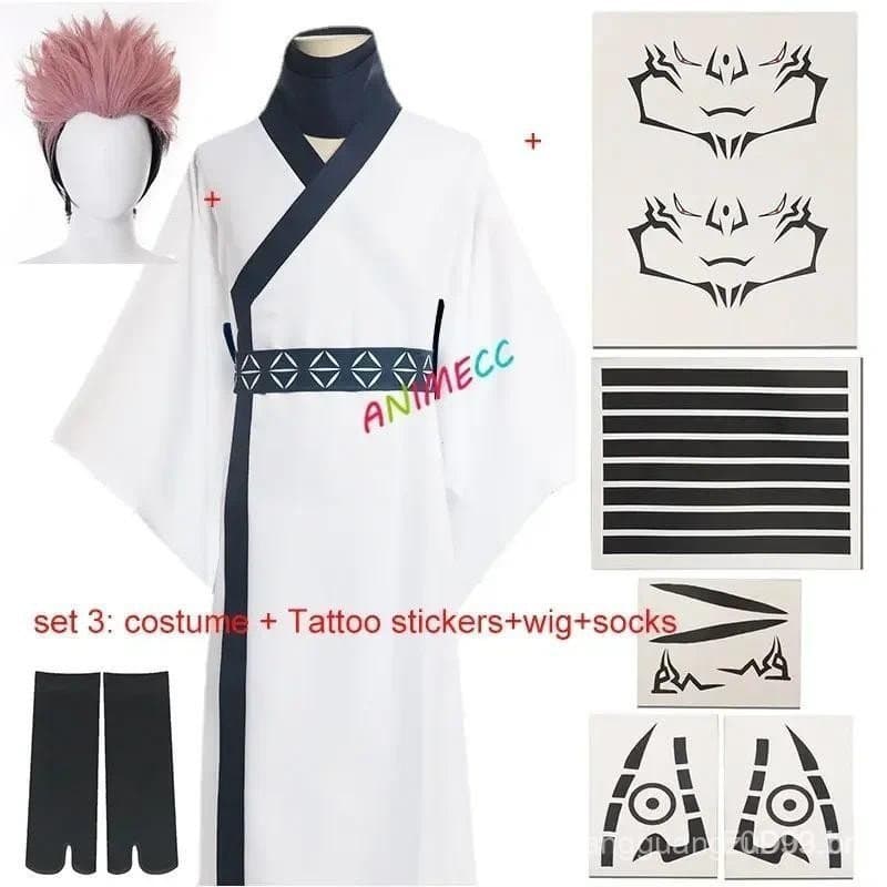 Jujutsu Kaisen Ryomen Sukuna Cosplay Traje Peruca Tatuagem Fato De Fantasia De Quimono Japonês Halloween Homens Uniforme