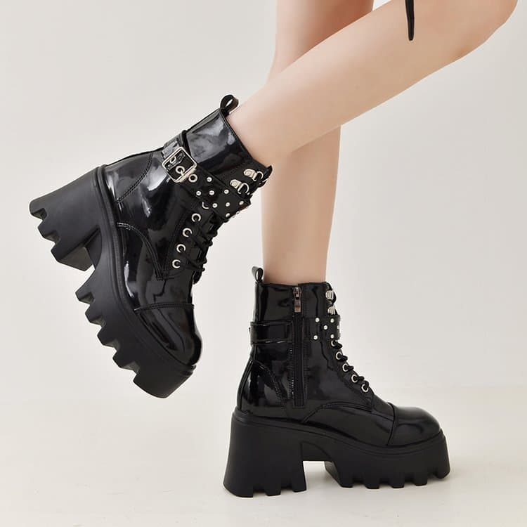 Botas de cano médio com sola grossa para mulheres, botas Martin de sola grossa, botas curtas, botas de motociclista com