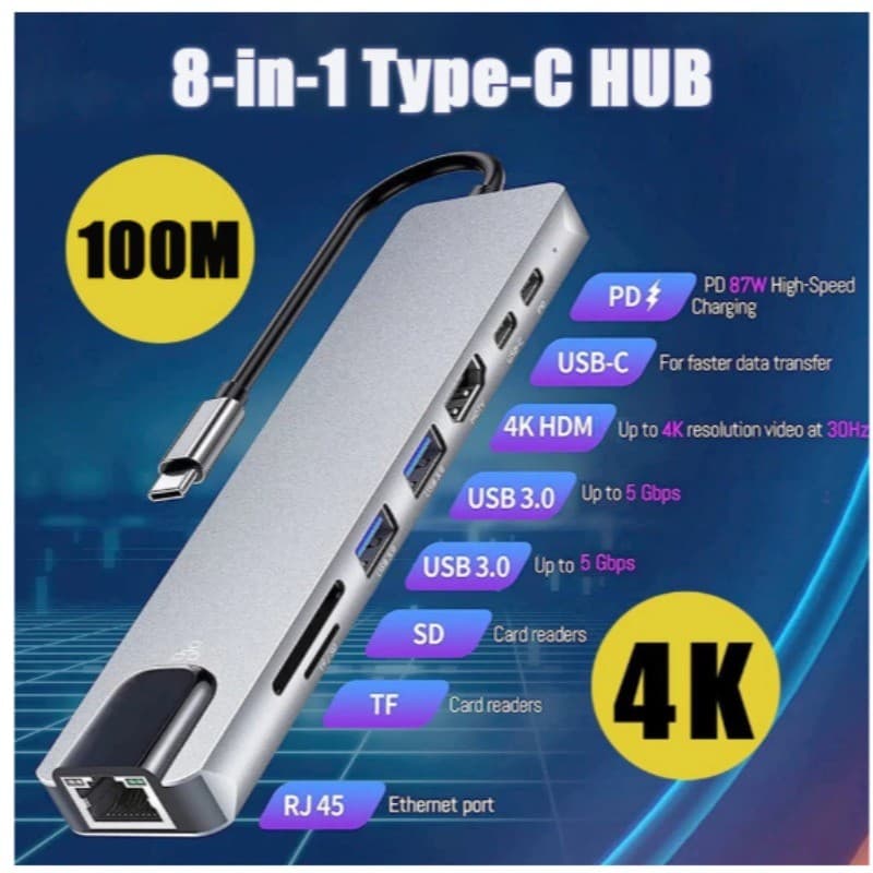 Hub USB-C 8 em 1 USB 2.0/3.0 HDMI 4K RJ45 Rede SD TF Docking Station Extensão Alta Velocidade