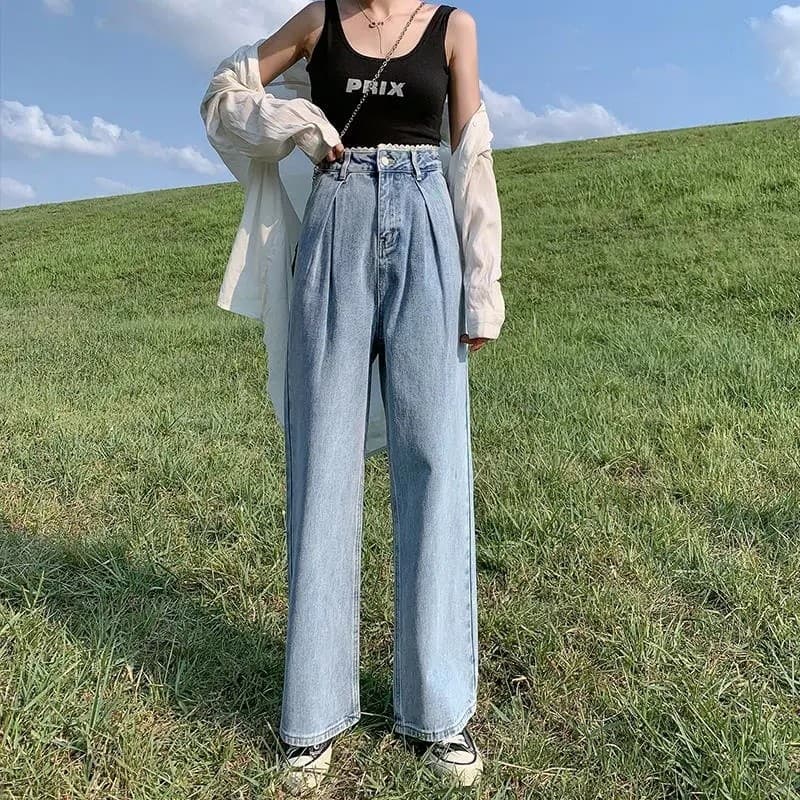 Versão coreana outono inverno novo estilo renda guarnição estudante cintura alta Jeans retos feminino solto perna larga