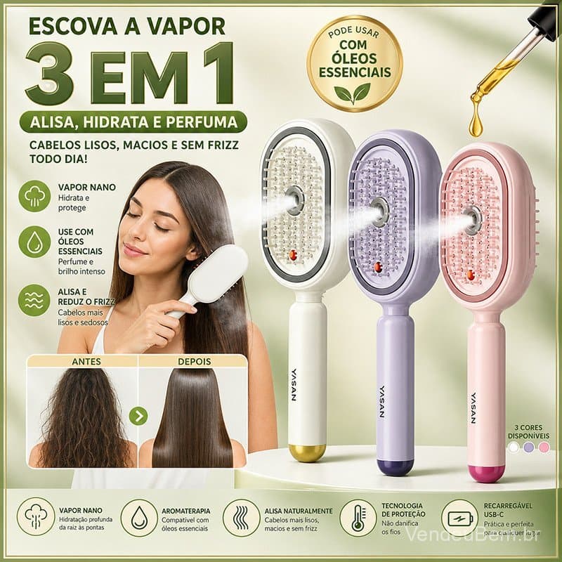 Escova de Cabelo a Vapor Elétrica, Pente Massageador e Função de Névoa, Tecnologia de Íons Simultaneamente Mais Potente