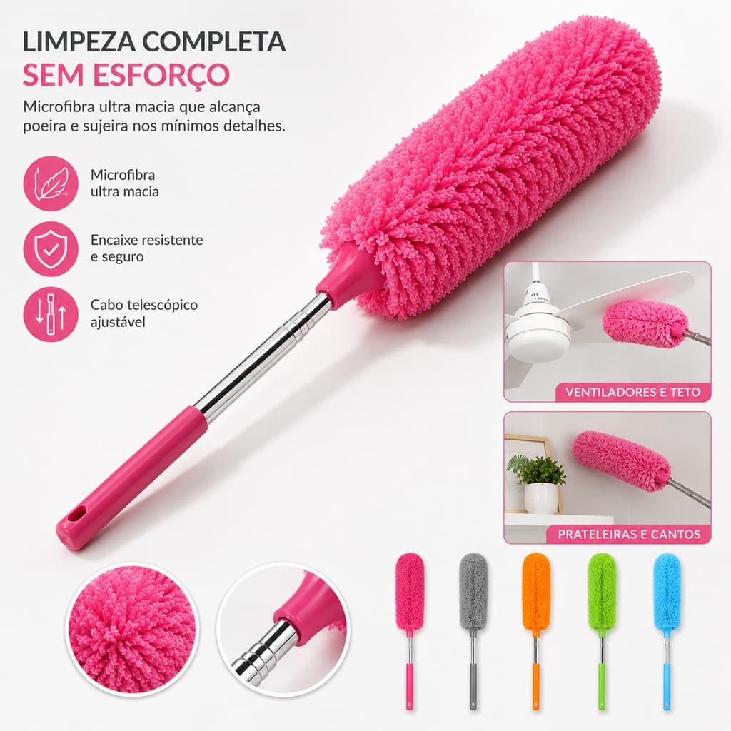 Espanador de Pó Eletrostático Premium com Extensor Retrátil Alcance Alto Limpeza Eficiente