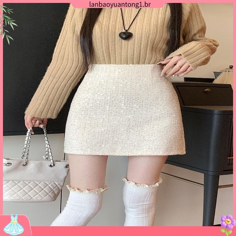 Cintura alta mais magro olhar lantejoulas saia feminina 2 025 outono inverno novo estilo versão coreana All-Match magro-