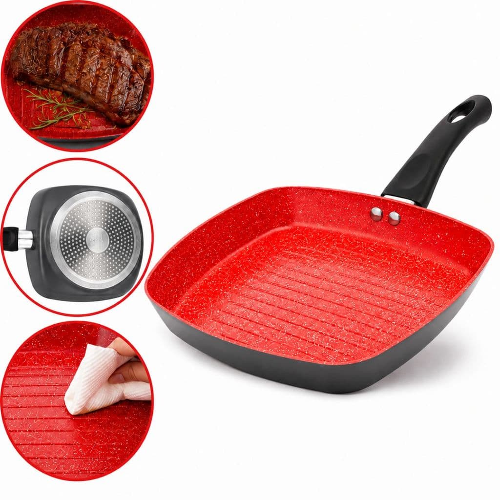 Bistequeira Indução Lyor Antiaderente Cerâmica 24cm Vermelha 1,6L Grelha Carnes Profissional Para Gás Elétrico