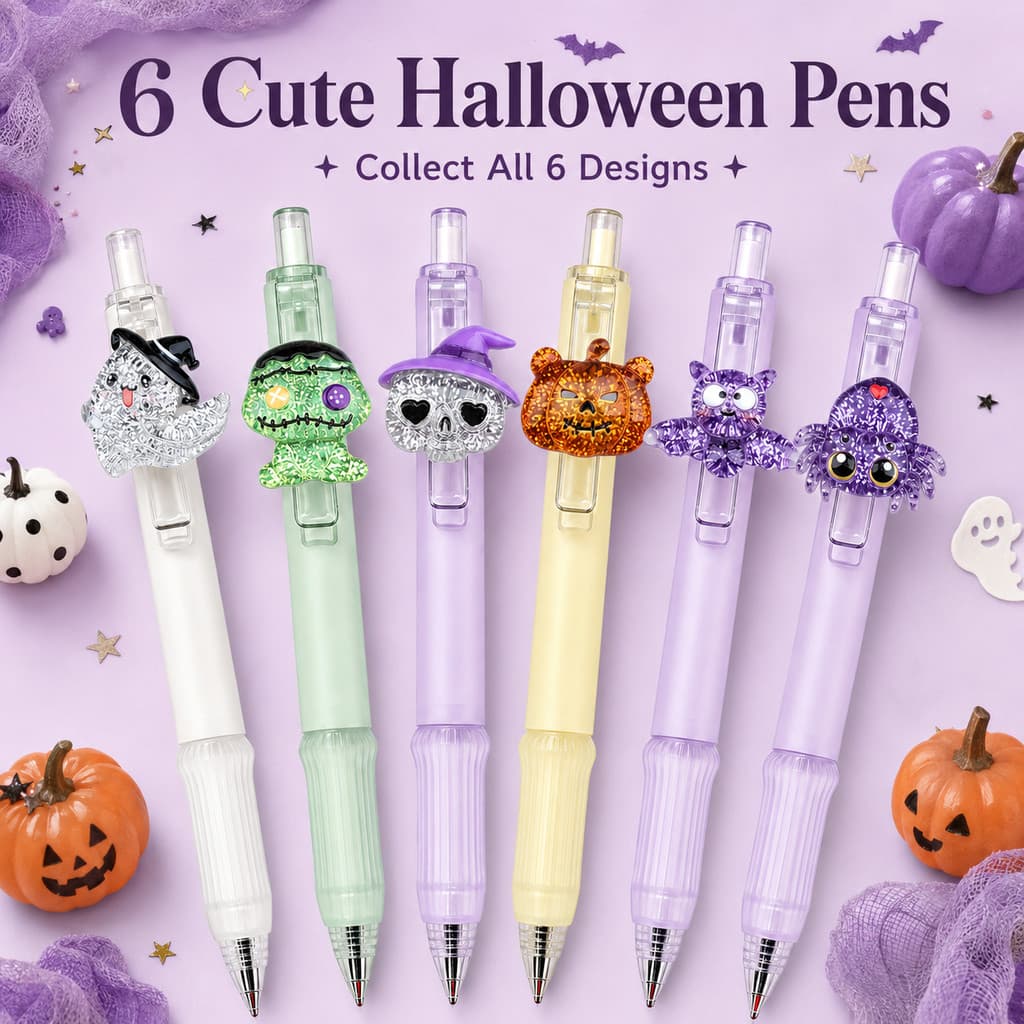6 Unidades De Canetas De Gel Fofas De Halloween , Retráteis De Tinta Preta De 0.5 Mm , Fantasma Monstro Crânio Abóbora M