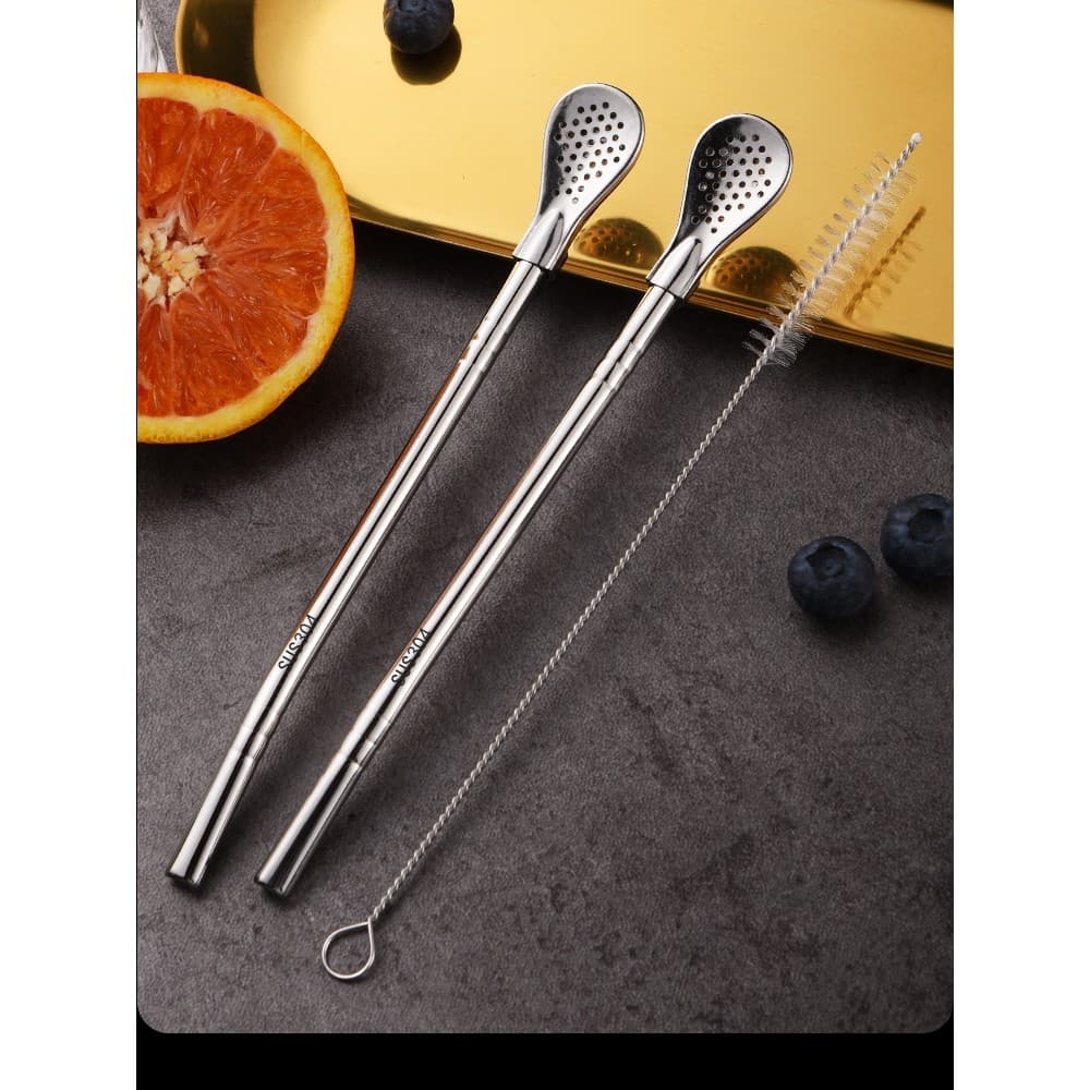 304 colher de palha de aço inoxidável criativo dupla utilização coador bebida Metal palha café mexendo suco leite colher
