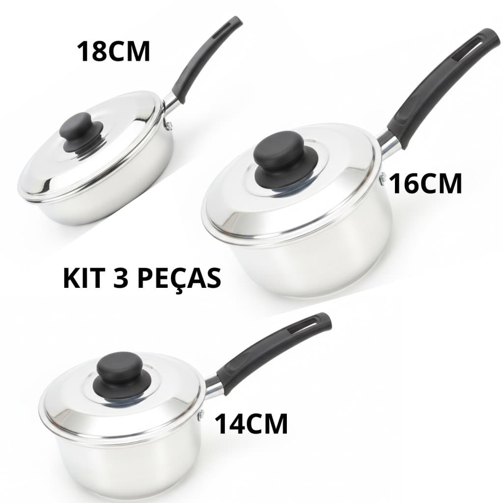 Conjunto 3 Peças: 2 Caçarolas (14 e 16) com Cabo e Frigideira 18 -Kit de Panelas Essenciais para Cozinha