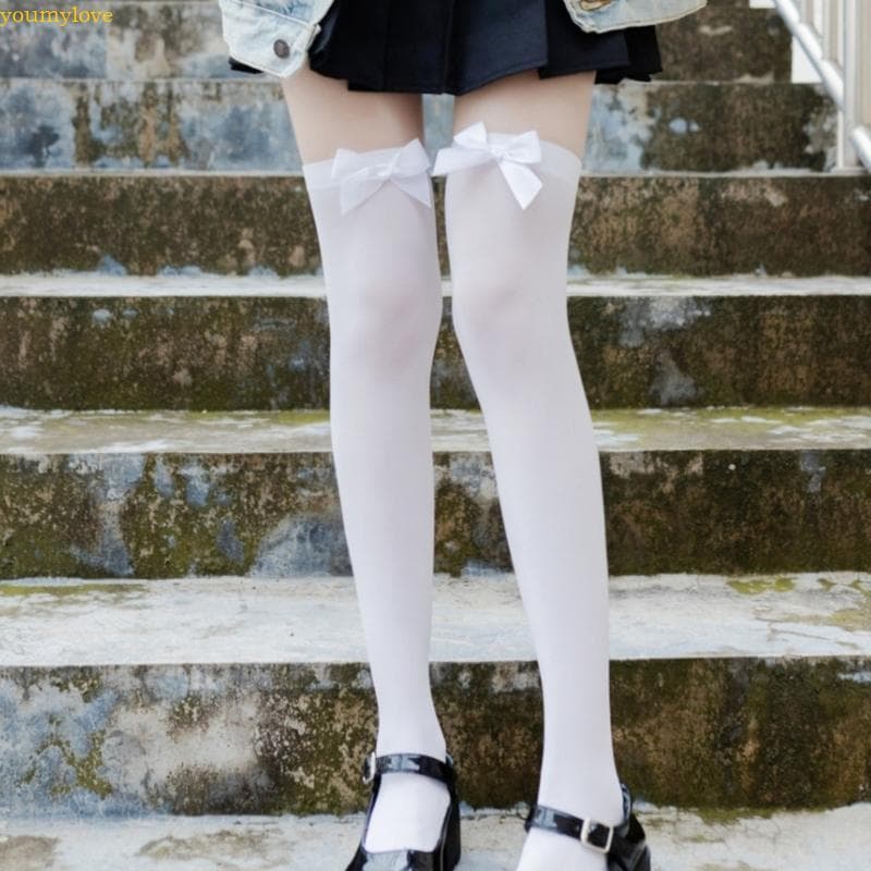 youmylove Velvets Bows Accent Coxa Acima Do Joelho Meias Longas Para Estudantes