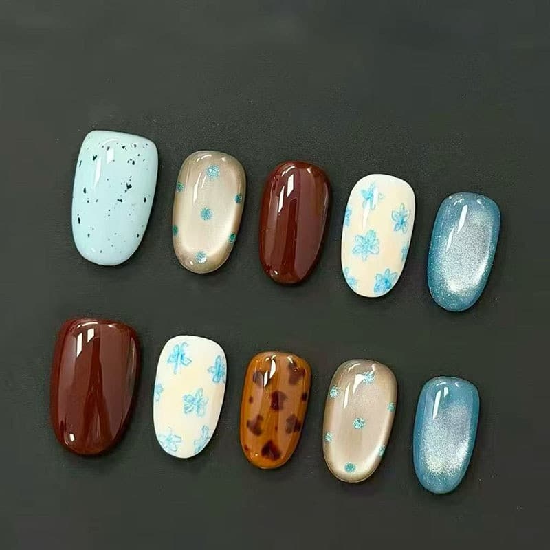 [99 Estilos] 24 peças de unhas postiças curtas ovais em tom turquesa caramelo com efeito olho de gato, com cola G6D6