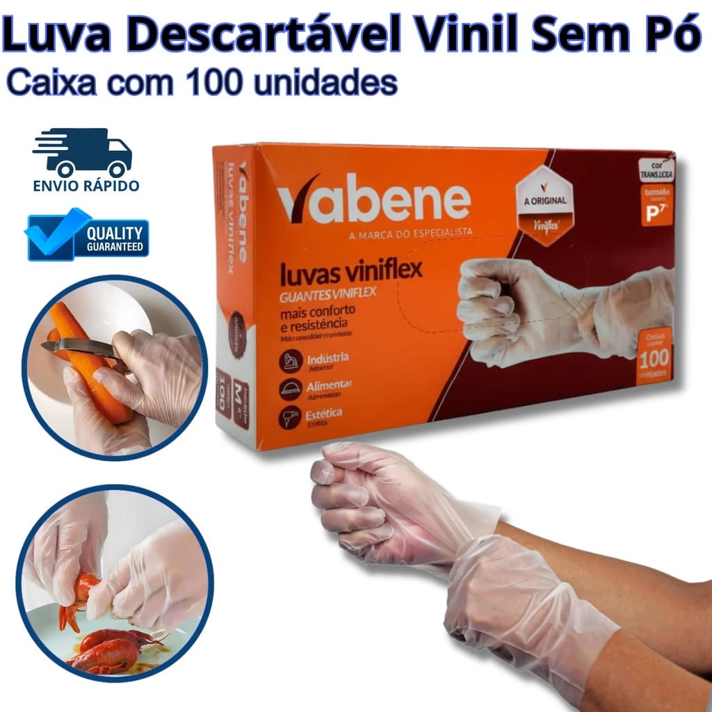 Luva Descartável Vinil Viniflex Transparente Sem Pó 100 unidades Vabene