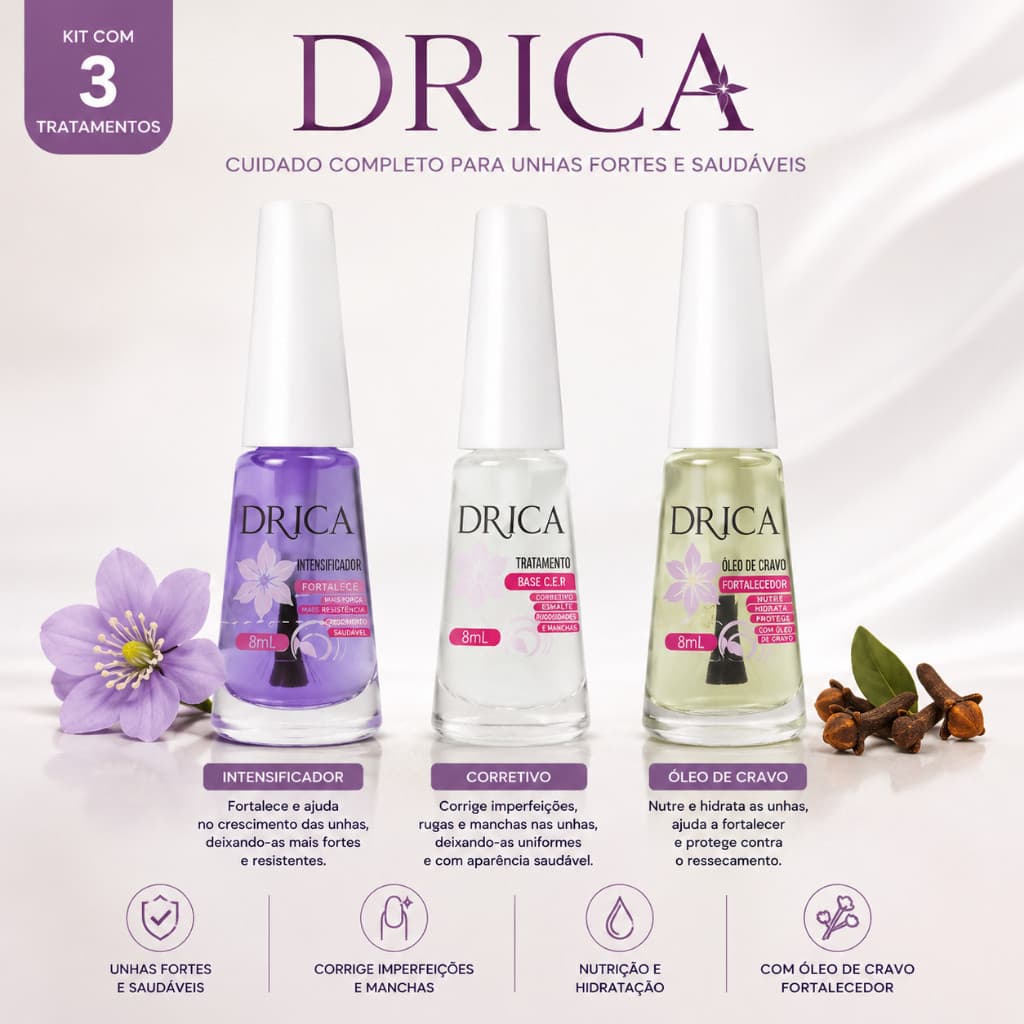 Kit tratamento para Unhas Drica Casco de Cavalo, Base Corretiva, Intensificadora - 8ml Unidade