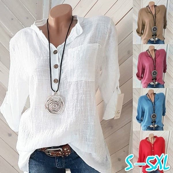 Camisa Feminina de Algodão Respirável com Decote em V e Bolso, Cor Sólida, Moda Casual para Primavera e Verão XMUC