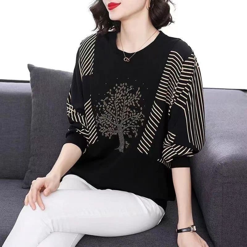 Camisa de gola redonda com mangas estilo morcego, nova moda de outono, em chiffon solto, tamanho grande, adequada para m
