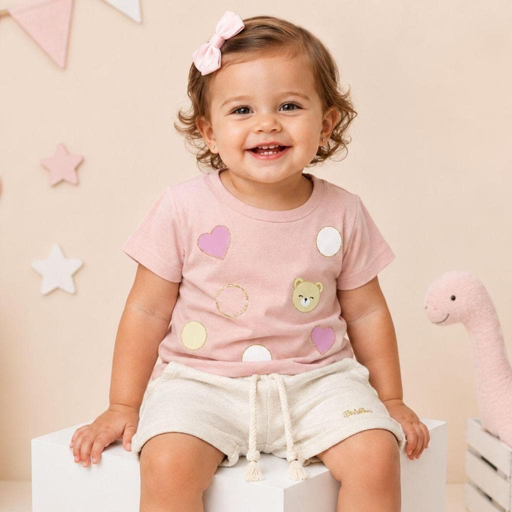 Conjunto Infantil Menina Blusa Shorts Casual Roupa Manga Curta Moda Verão Algodão Confortável