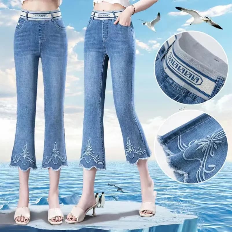 Calças cortadas femininas verão Jeans feminino cintura elástica cintura alta mais magro olhar pequeno queimado calças Mi
