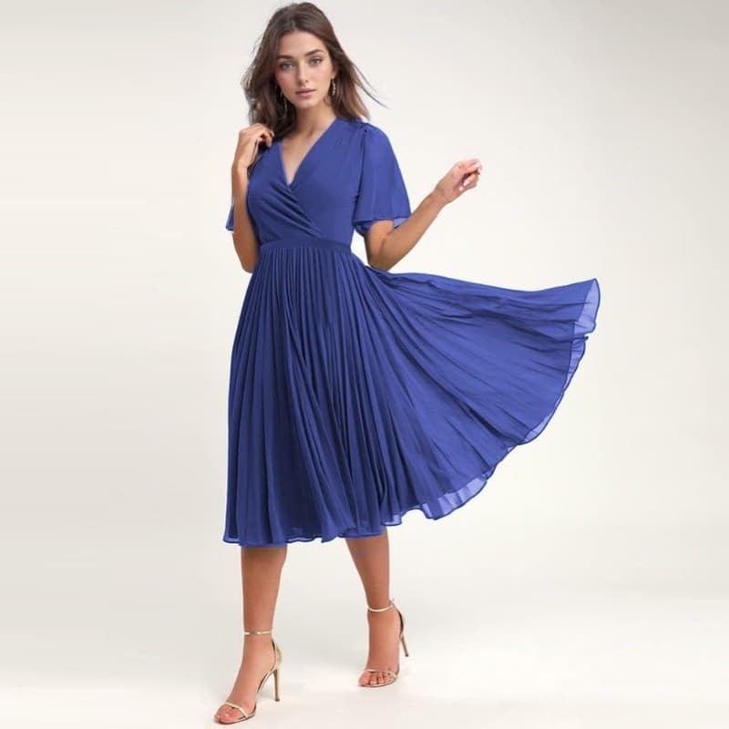 Vestido Feminino De Chiffon Com Decote Em V , Manga Curta , Verão , Plissado , Midi , Casual , Fluido , Linha A , Festa