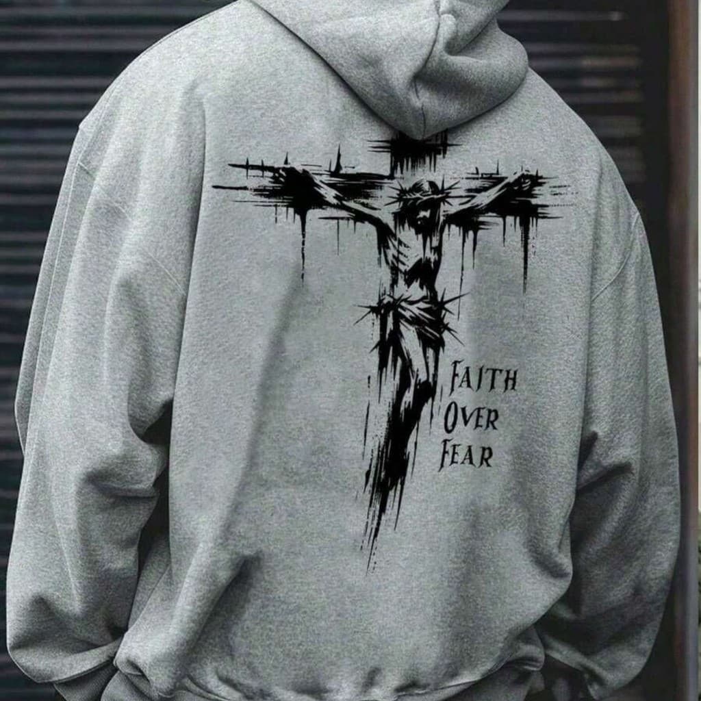 Moletom com Capuz Casual e Solto Masculino, Estampa de Cruz de Jesus, Cordão, Primavera/Outono