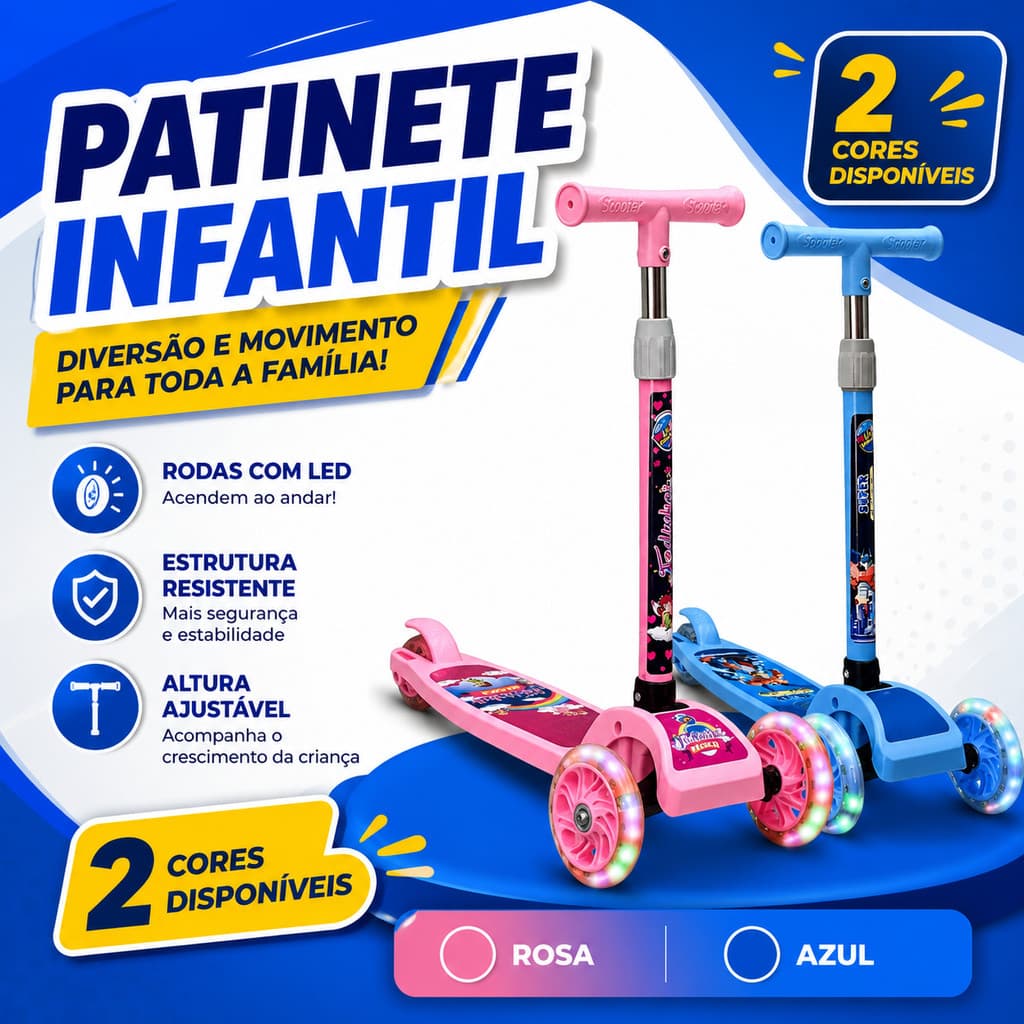 Patinete Menino Infantil 3 Rodas com LED Altura Regulável para Crianças 3 a 6 Anos Rosa ou Azul