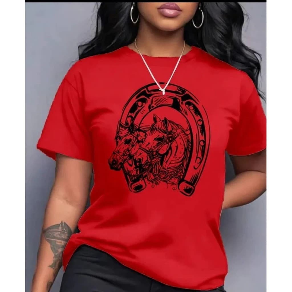 Camiseta Blusa Estampada Country Fivela Camisa Algodão Unissex Camiseta Ferradura Camiseta Cavalo