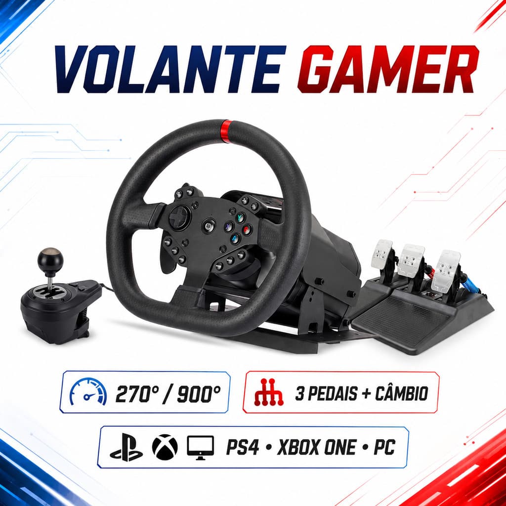 Volante Gamer Simulador de Corrida 270°/900° com Câmbio e 3 Pedais para PS4 Xbox One PC MGV-V995